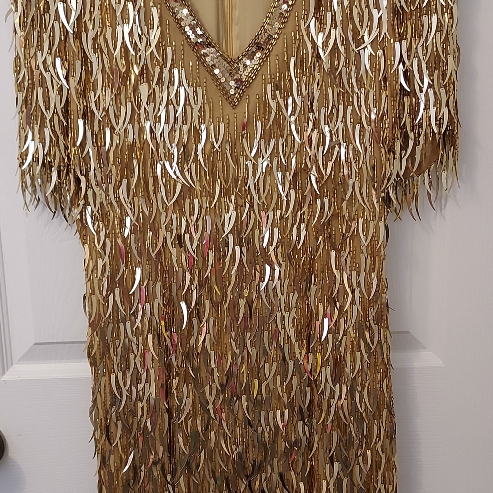 80s Oleg Cassini BlackTie Gold Fringe Sequin Barbie Movie Bombshell Dress Size 6